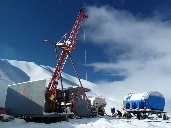 Diamond drill at 5200 metres after a summer snowfall, NW Argentina